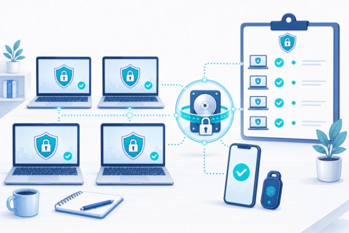 ISO 27001 uzaktan çalışma cihaz envanteri, disk şifreleme ve MFA