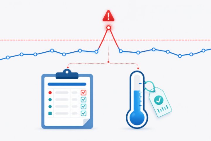 Kritik limit çizgisi, kırmızı sapma noktası ve düzeltme kaydı ile sıcaklık izleme grafiği