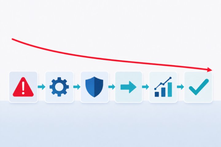 Uyarıdan onaya uzanan altı aşamalı aksiyon akışı ve azalan risk eğrisi